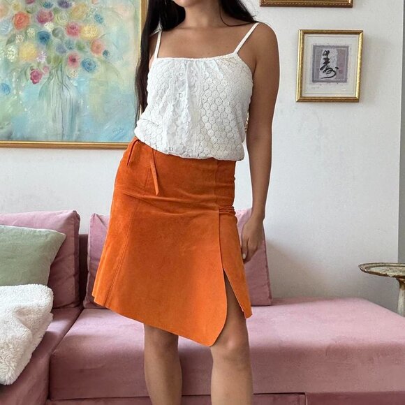 Danier Burnt Orange Suede Leather Midi Skirt - Picture 3 of 6